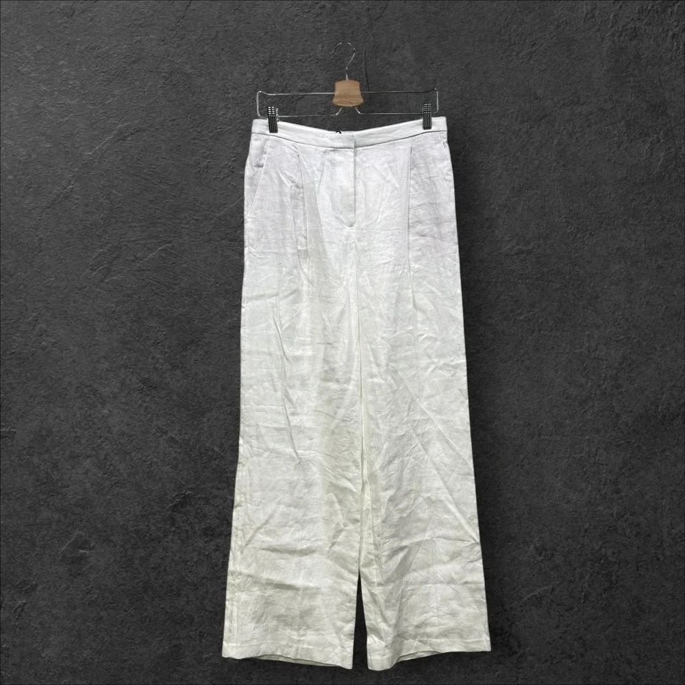 Mango MNG White 100%‎ Linen Wide Leg Pleated Trousers High Rise Women Size 6
